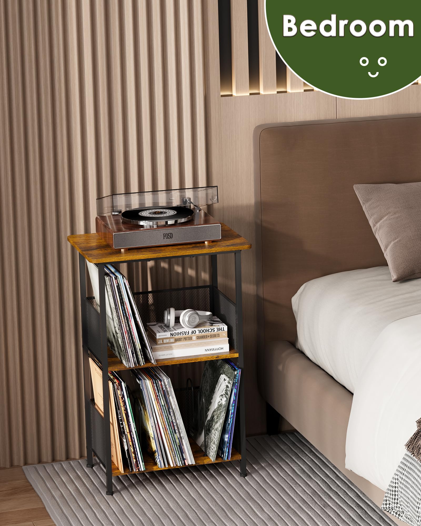 Honkazita record stand used as a nightstand with record storage