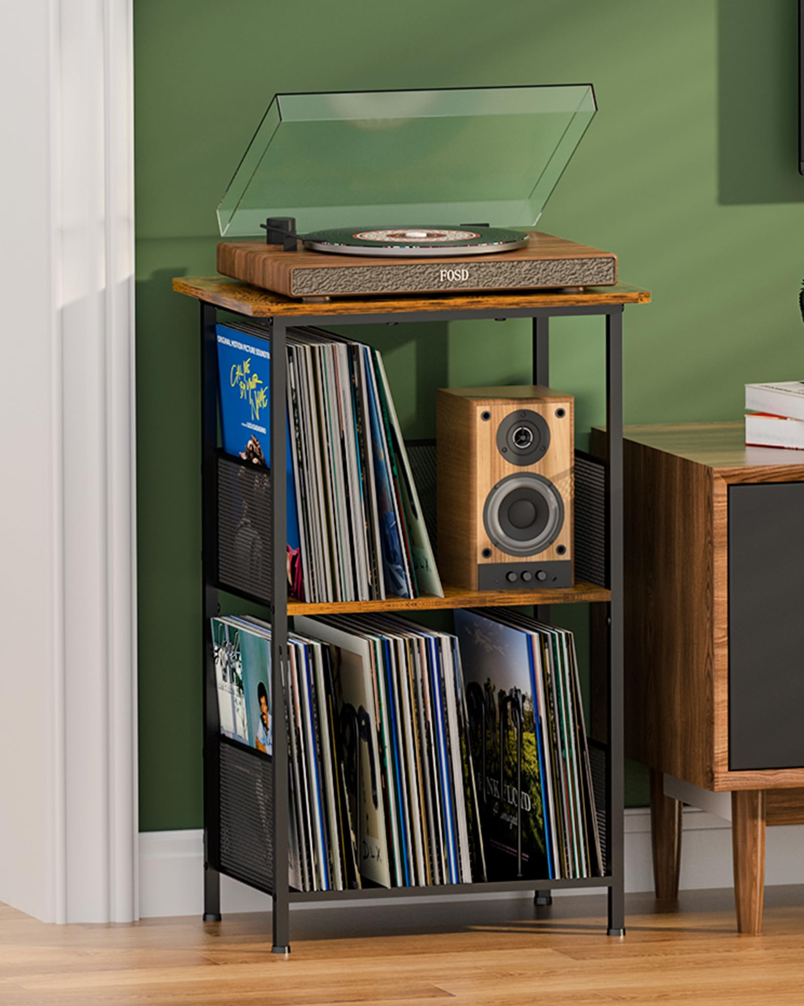 Honkazita record stand 3-tier top view showing organized vinyl storage