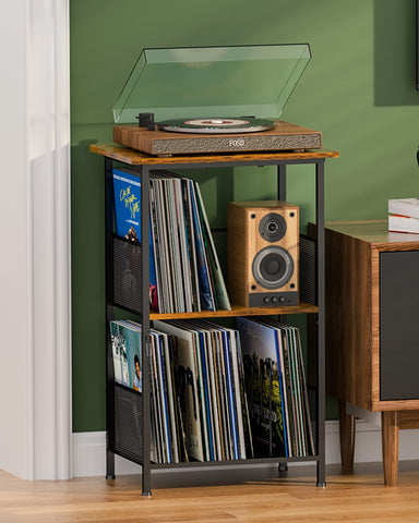 Honkazita record stand 3-tier top view showing organized vinyl storage