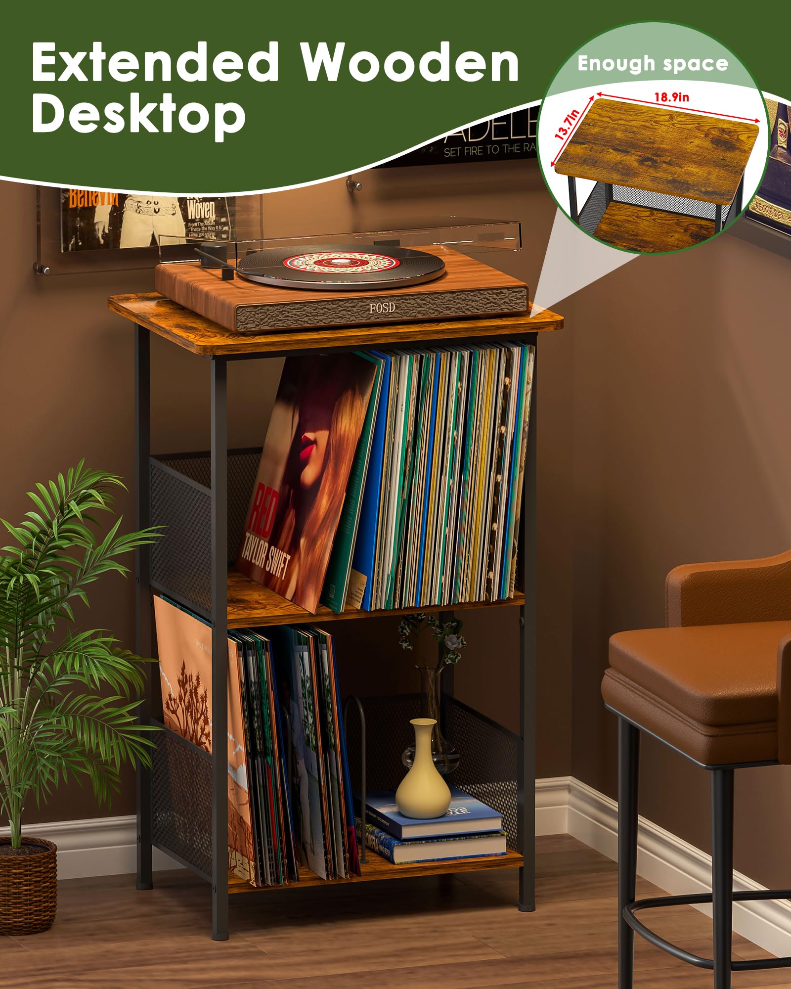 Honkazita record stand holding up to 200 albums in two tiers