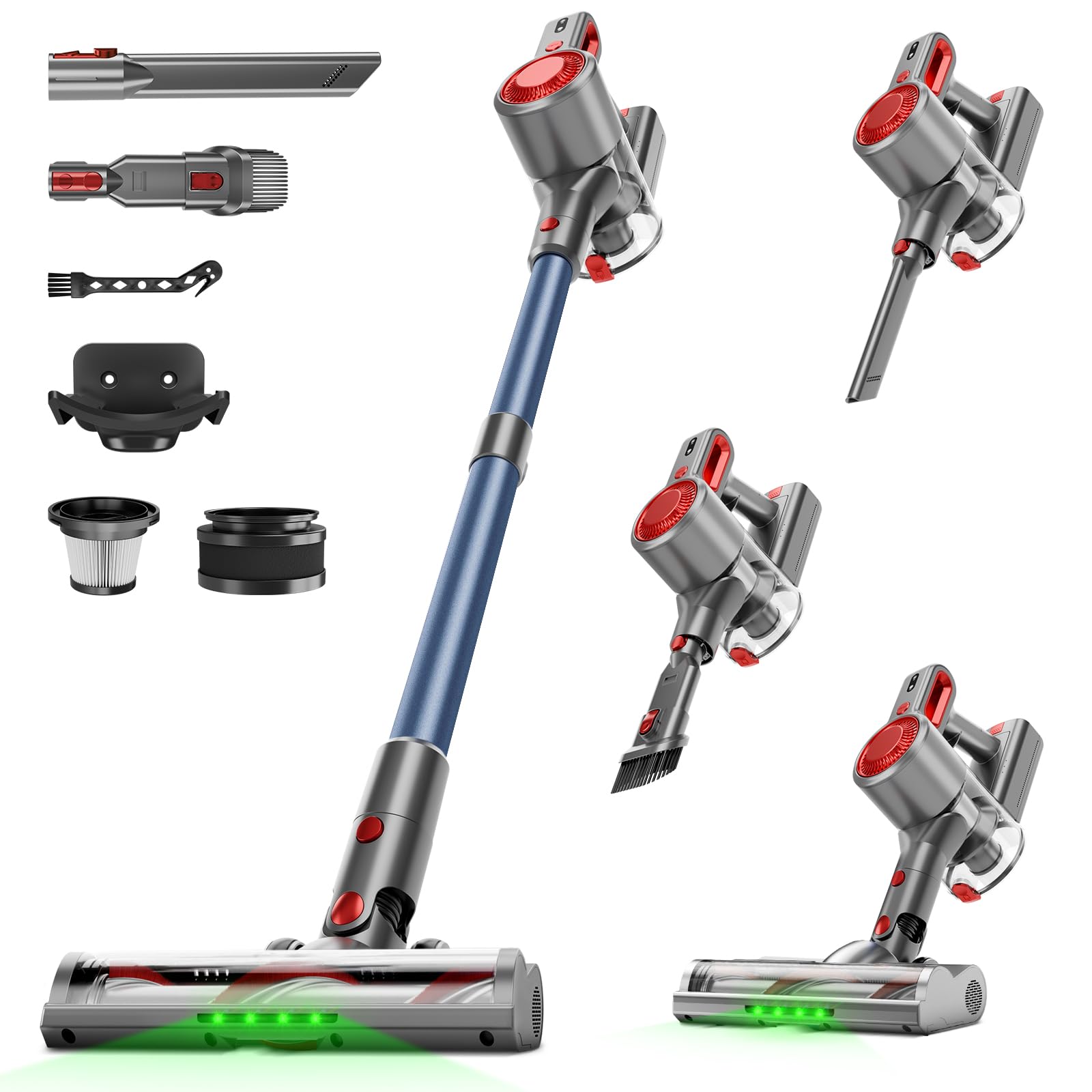 Honki cordless vacuum cleaner head with LED lights illuminates dust on carpets for easier cleaning.