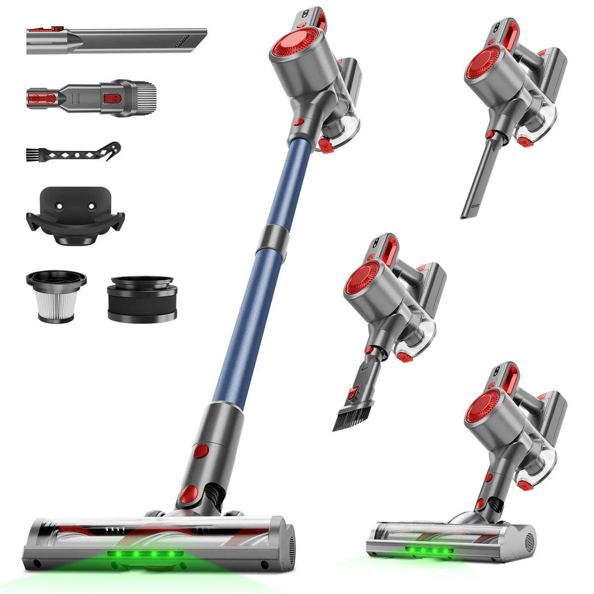 Honki cordless vacuum cleaner head with LED lights illuminates dust on carpets for easier cleaning.