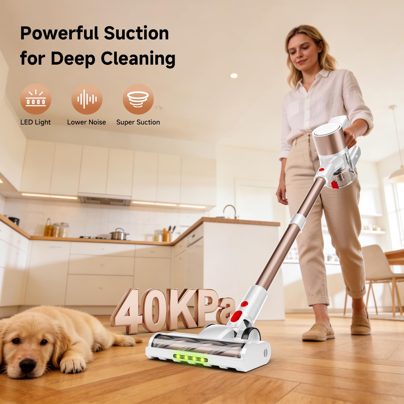 Honki cordless vacuum with 40KPa suction power for hardwood and carpet cleaning.