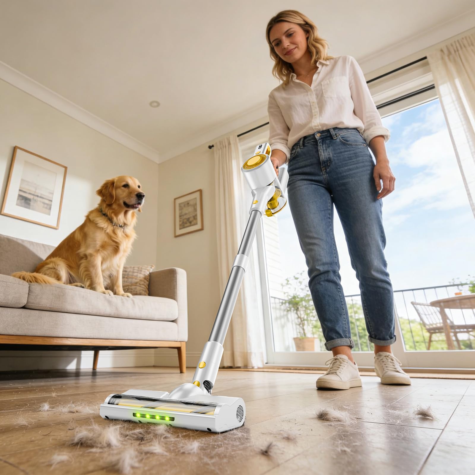 Honki cordless vacuum tackling pet hair on floors and carpets