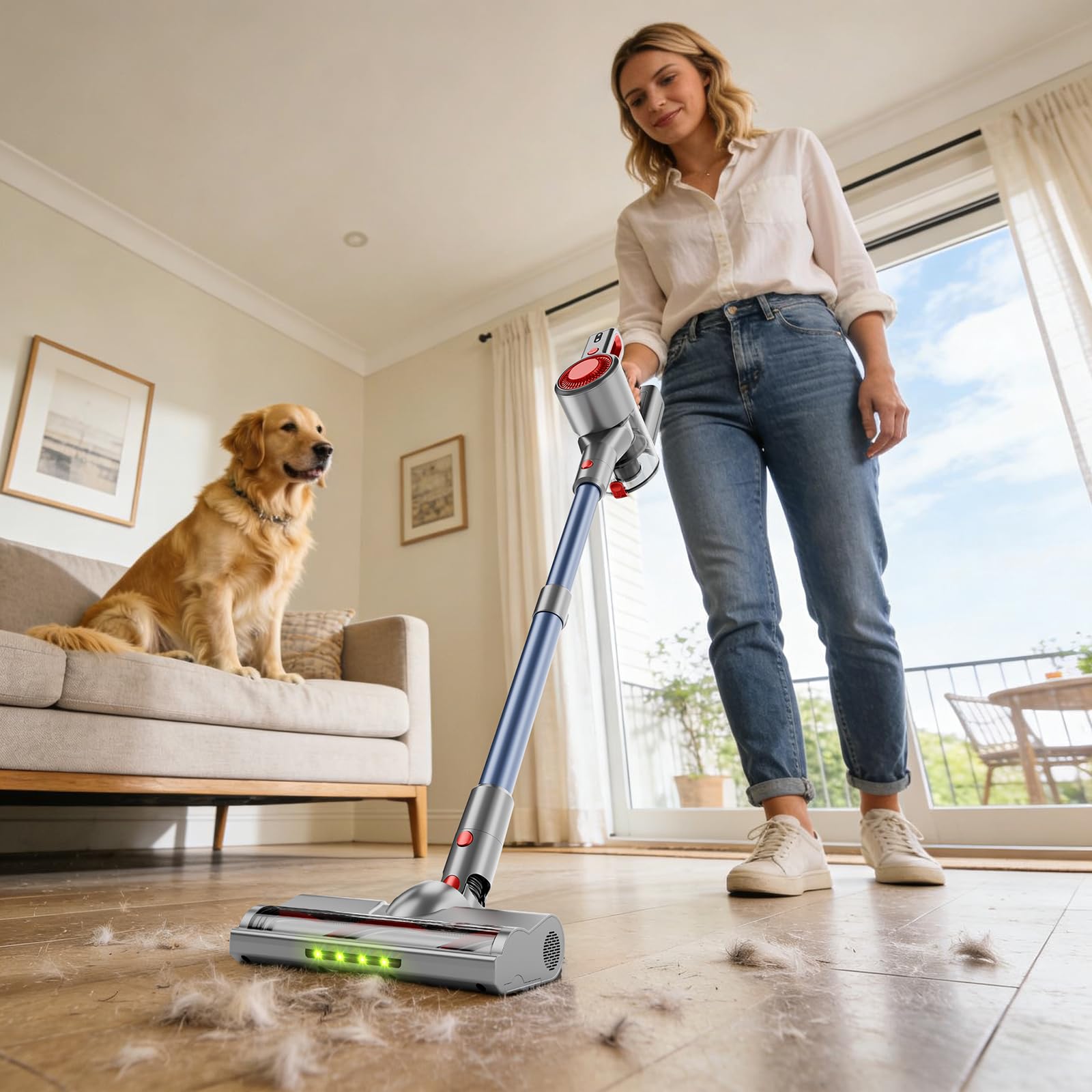 Honki cleans pet hair on couches and cushions efficiently.