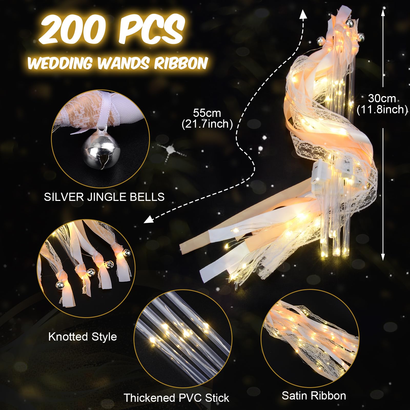 HONLYNE LED silk fairy wand with four champagne ribbons for sparkling moments