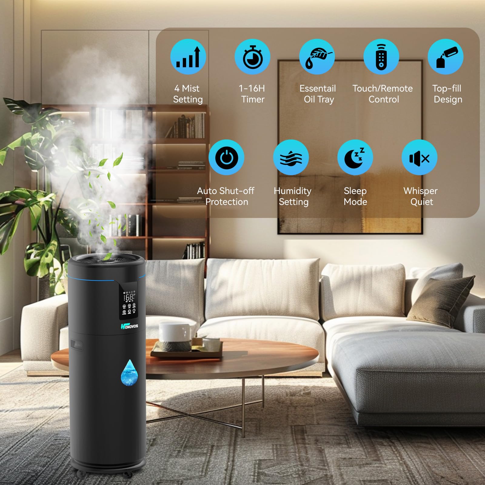 Honovos humidifier offers both constant and intermittent mist options.