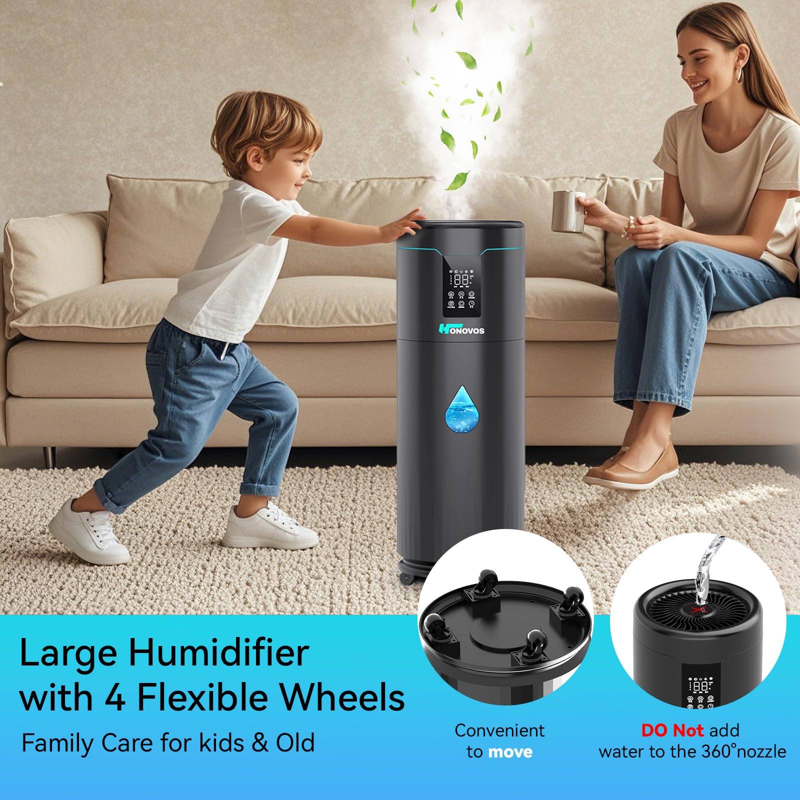 Honovos humidifier with essential oil tray for aroma options.