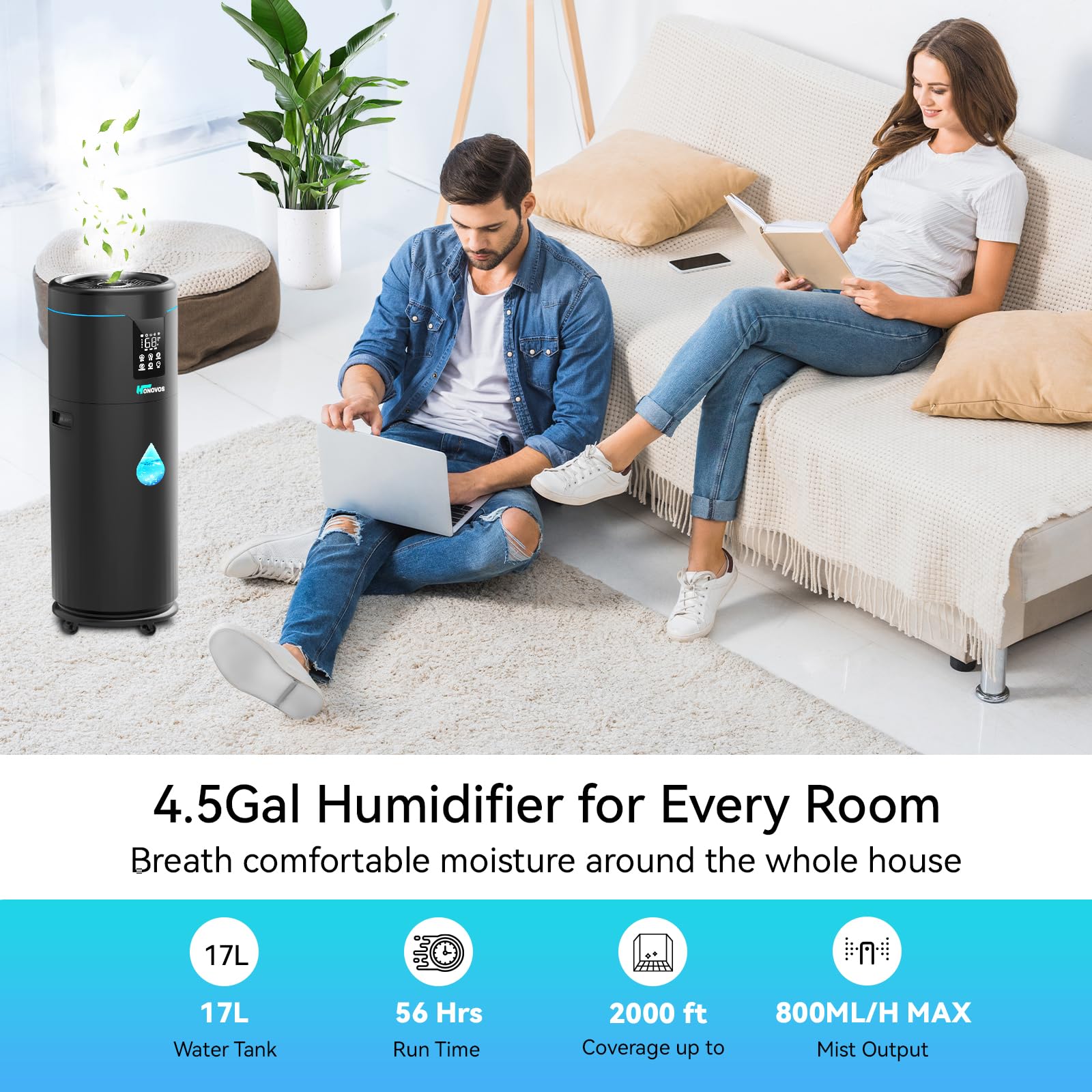 Honovos humidifier four-speed mist for customizable comfort.
