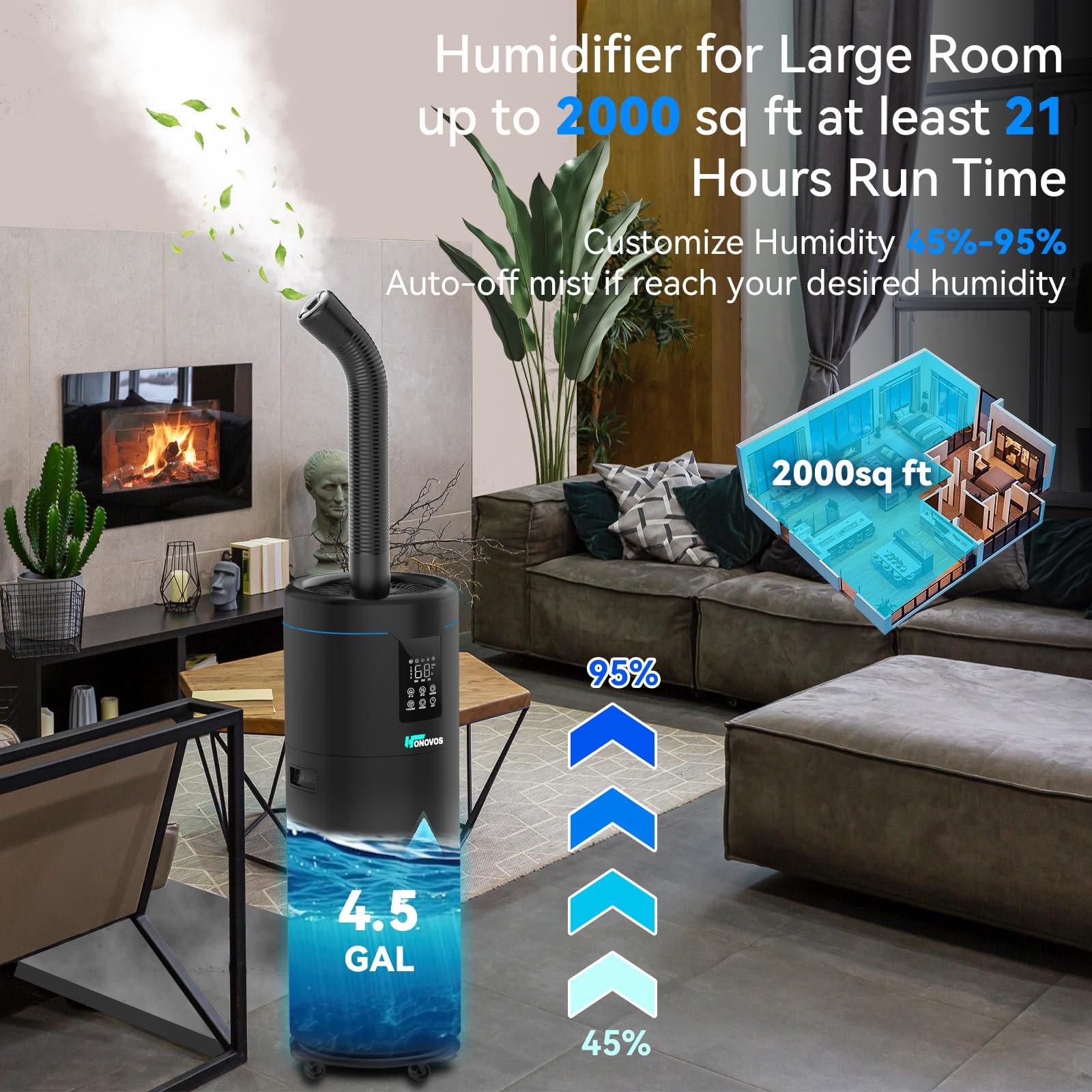 Honovos humidifier with remote control for easy adjustments.