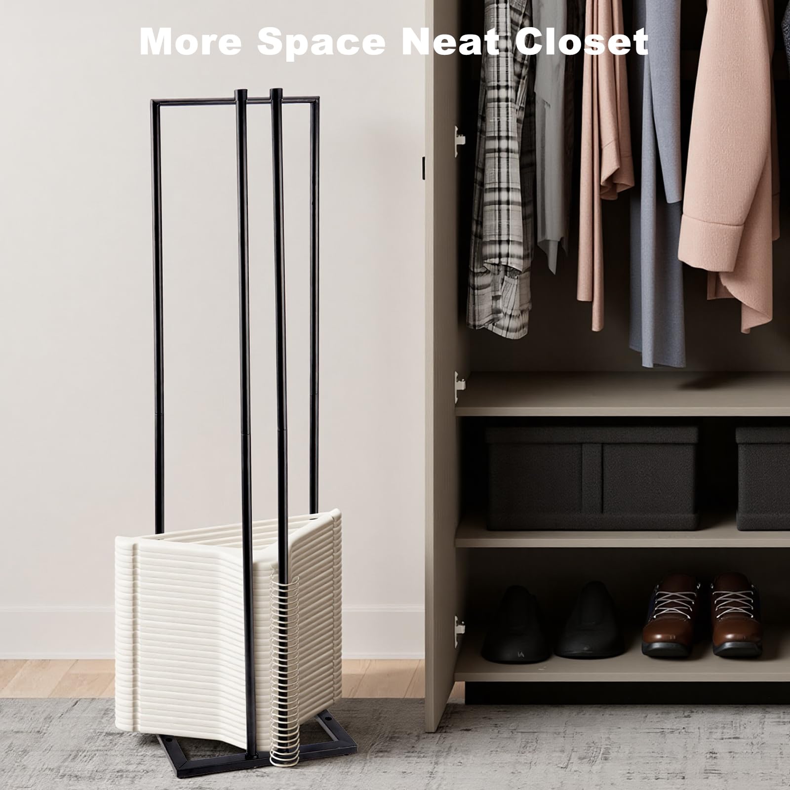 HONZUEN clothes hanger holder space saver reduces closet clutter and improves access.
