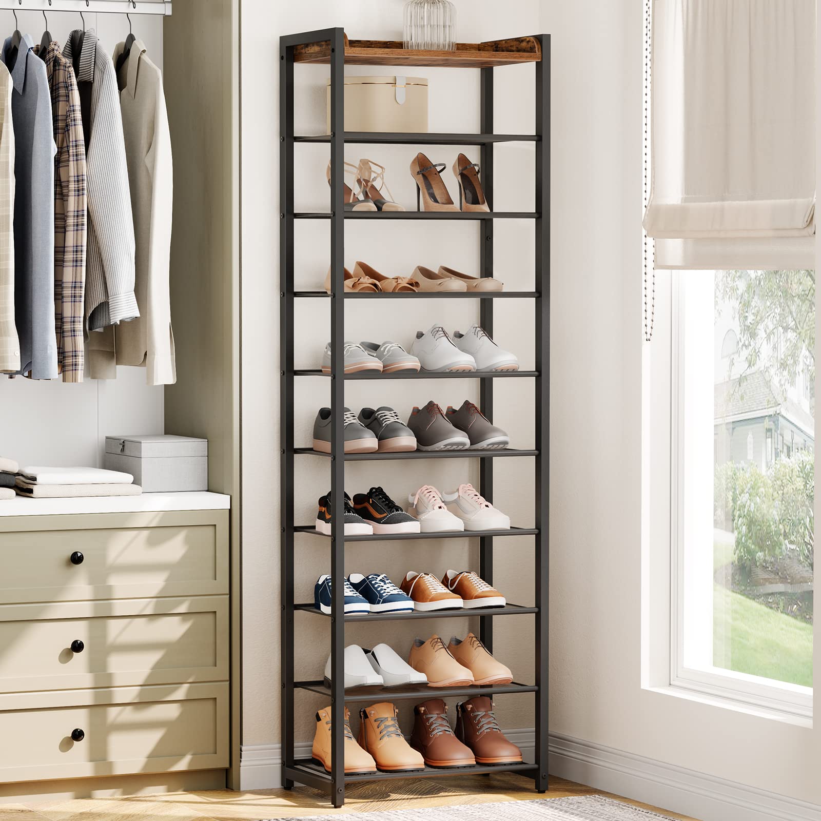 HOOBRO 10-tier shoe rack closet setup shows organized space and easy access.