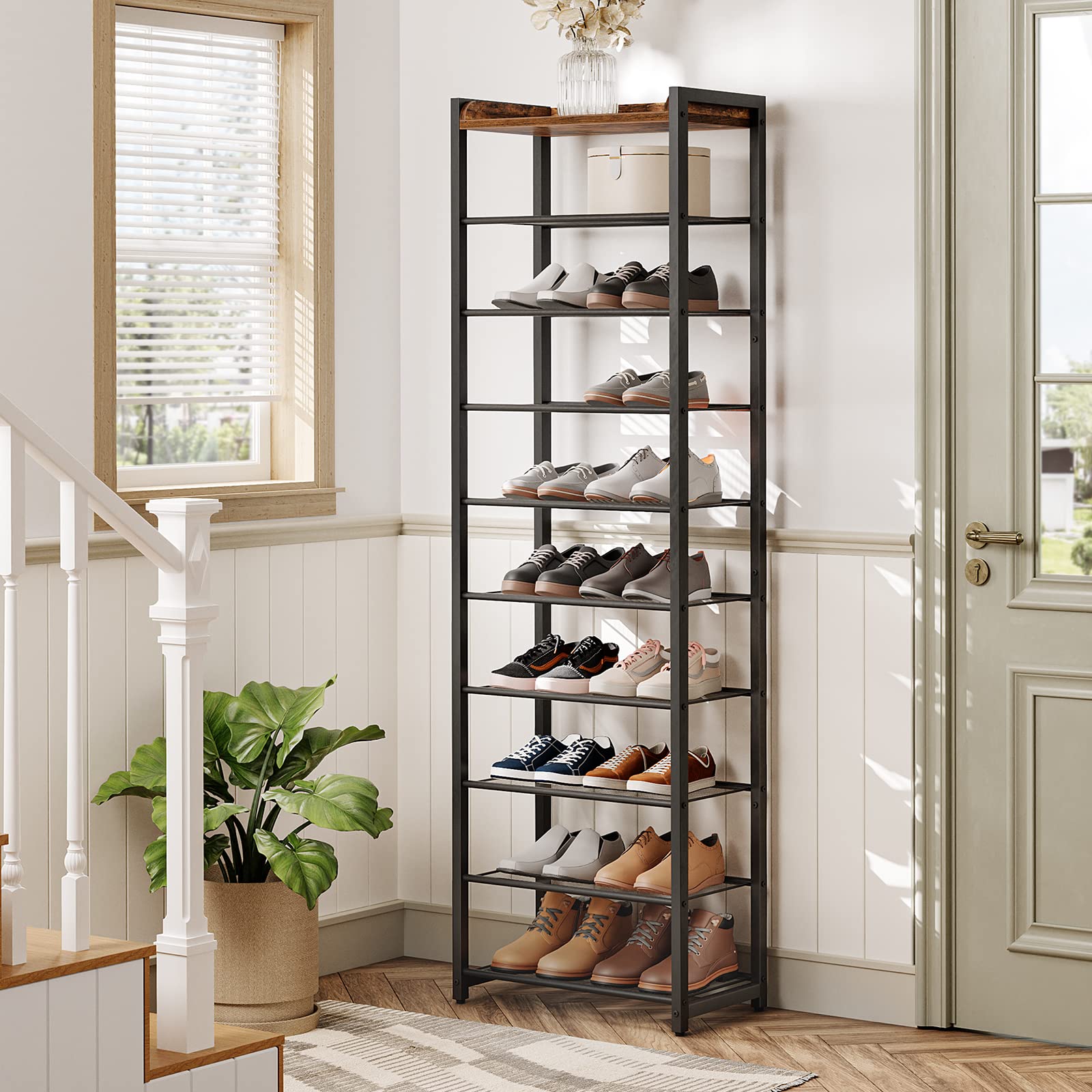 HOOBRO 10-tier shoe rack filled with sneakers highlights ample storage capacity.