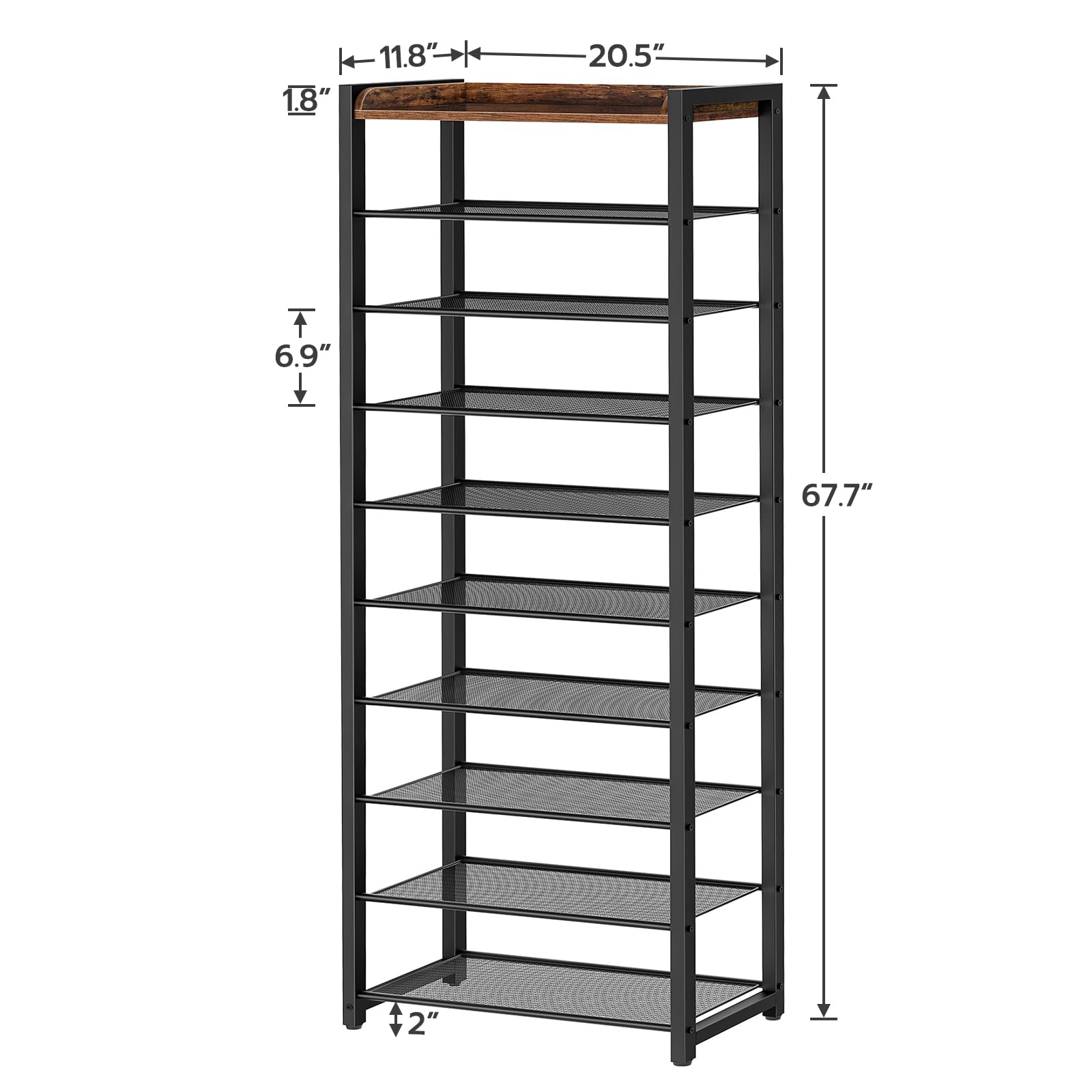 HOOBRO 10-tier shoe rack closeup shelves show durable, easy-to-clean surfaces.