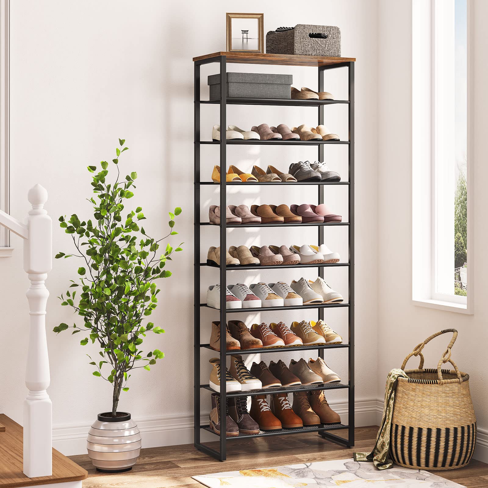 HOOBRO shoe rack side view shows sturdy black frame for durability