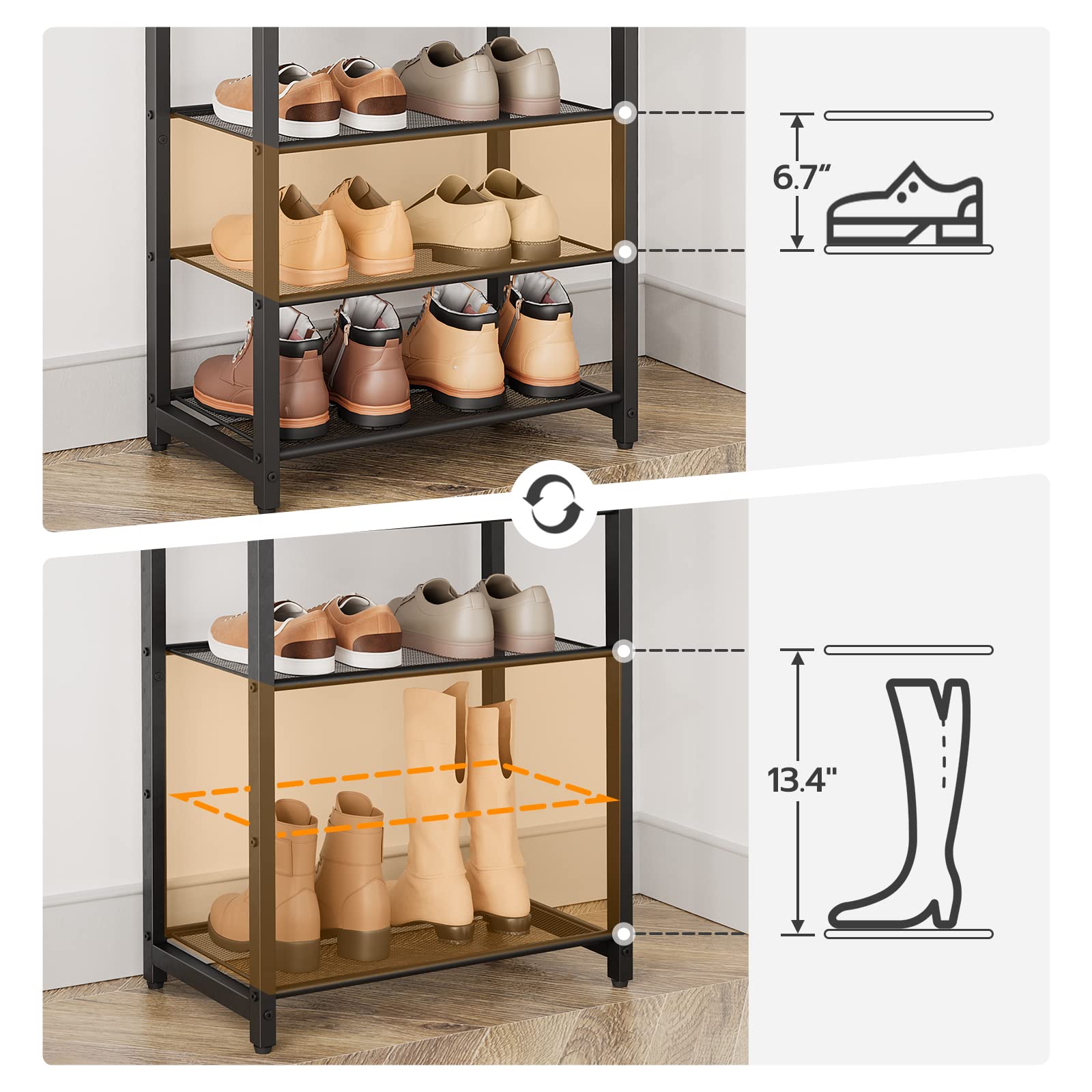 HOOBRO 10-tier shoe rack sturdy metal frame emphasizes reliable support and long-term use.