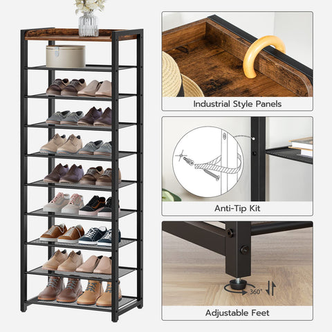 HOOBRO 10-tier shoe rack vertical storage maximizes small spaces with orderly display.