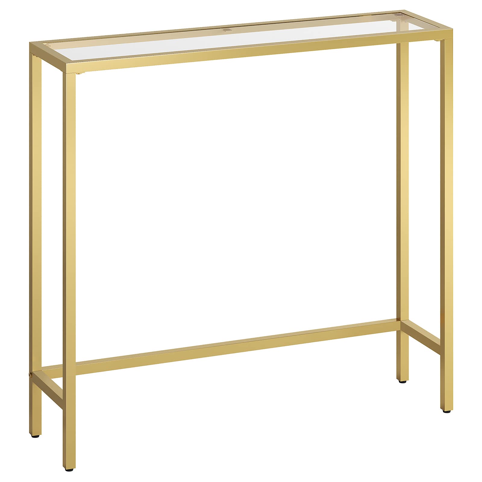 HOOBRO 29-5-inch narrow console table with glass top and gold frame for stylish entryways.