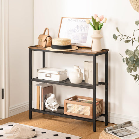 HOOBRO narrow console table with mesh shelves for baskets and shoes