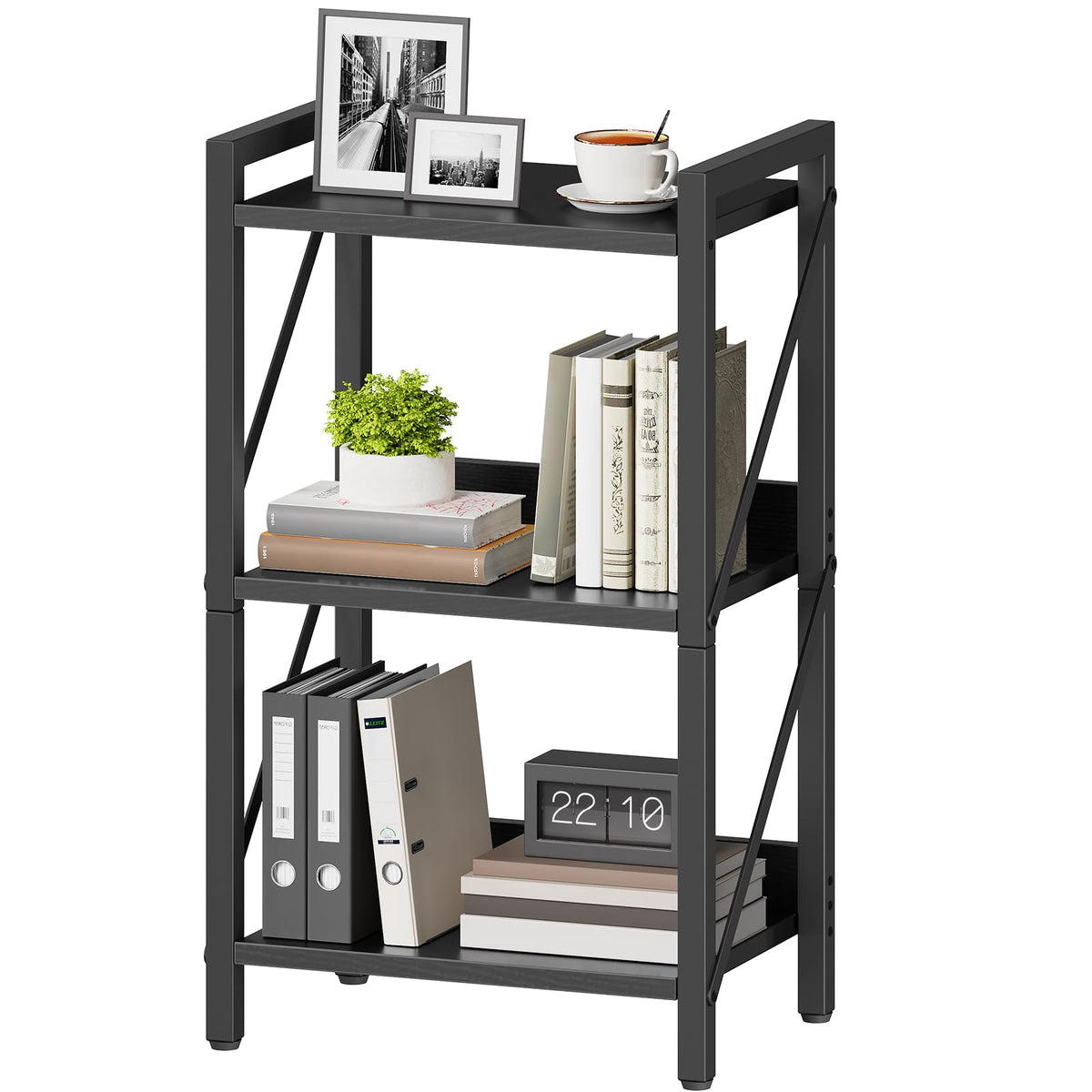 HOOBRO 3-tier bookcase front view showing space-saving storage for books and decor