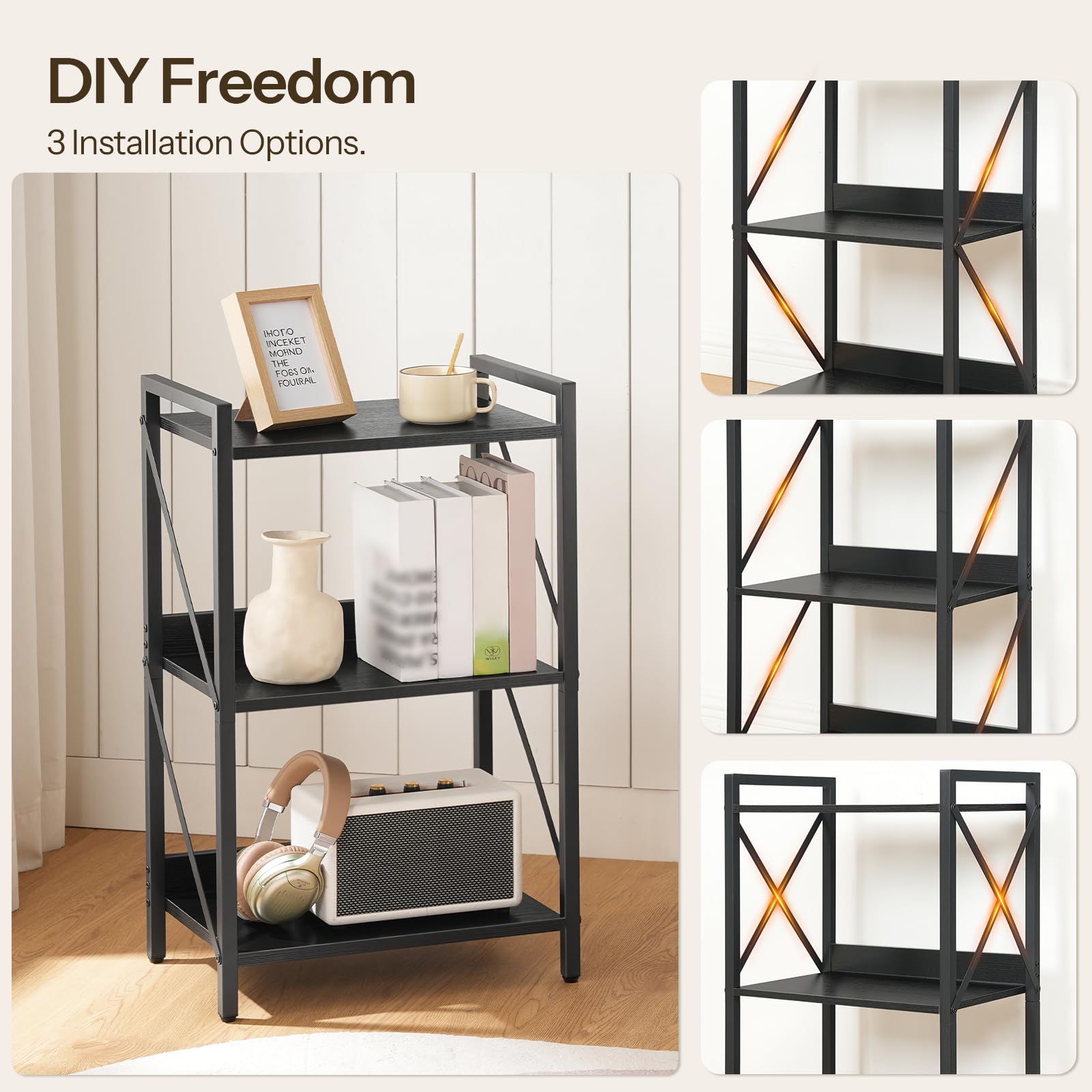 HOOBRO 3-tier bookcase in a living room styled with plants and ornaments