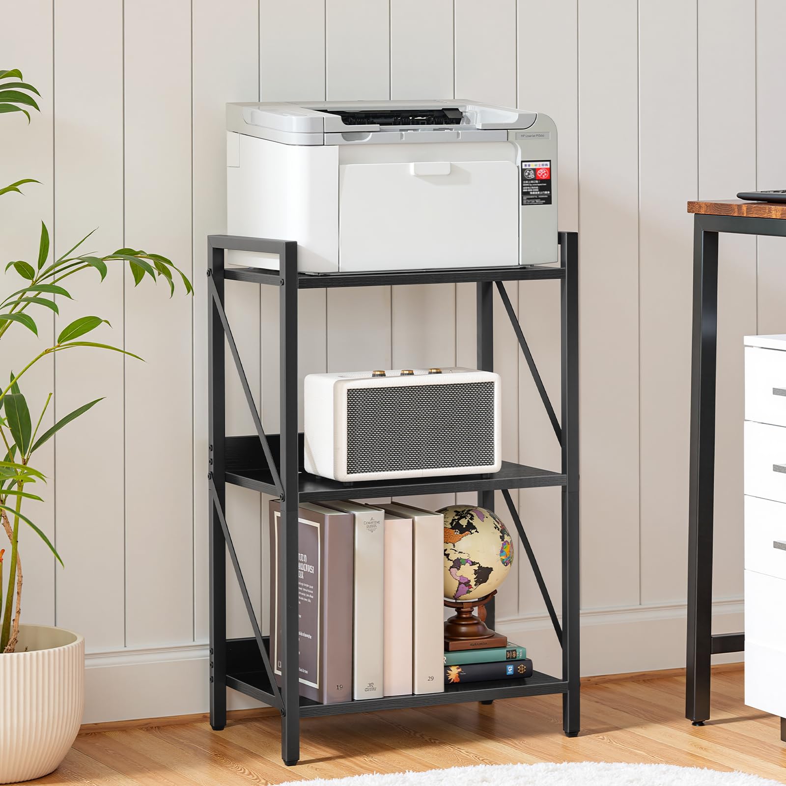 HOOBRO 3-tier bookcase side view illustrating slim footprint in small rooms