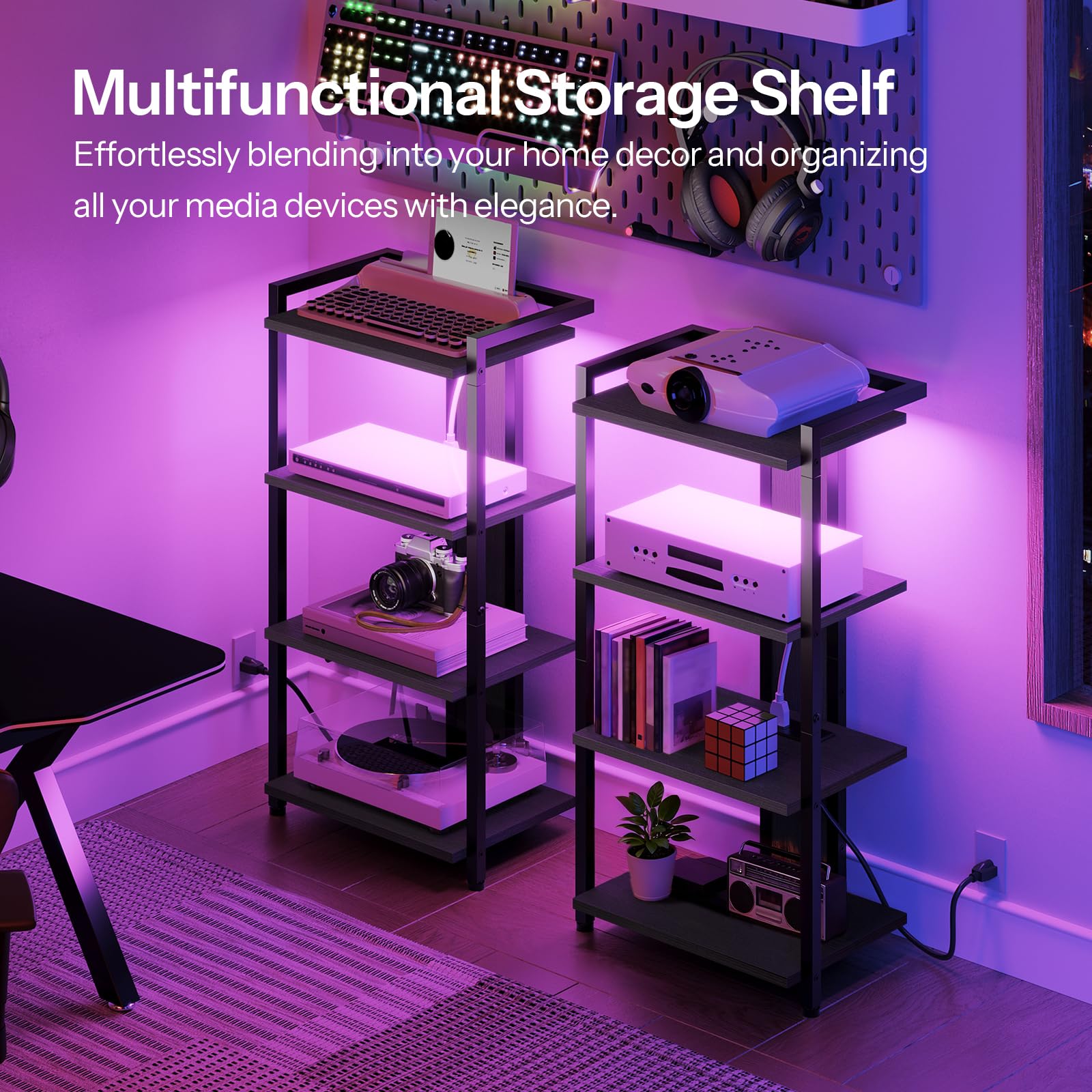 HOOBRO 4-Tier AV Stand side view emphasizes compact corner footprint.