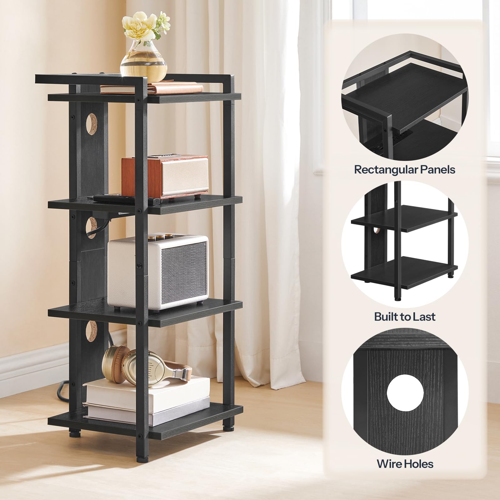 HOOBRO 4-Tier AV Stand sturdy construction supports heavy devices.