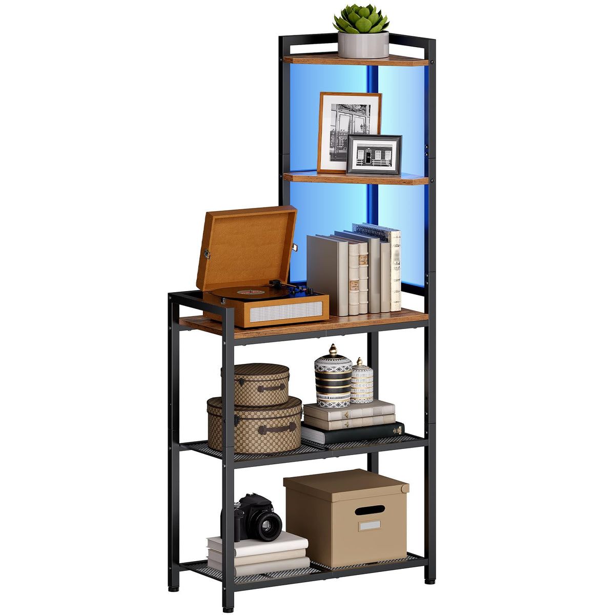 HOOBRO 5-Tier Corner Shelf with LED light enhances living room displays.