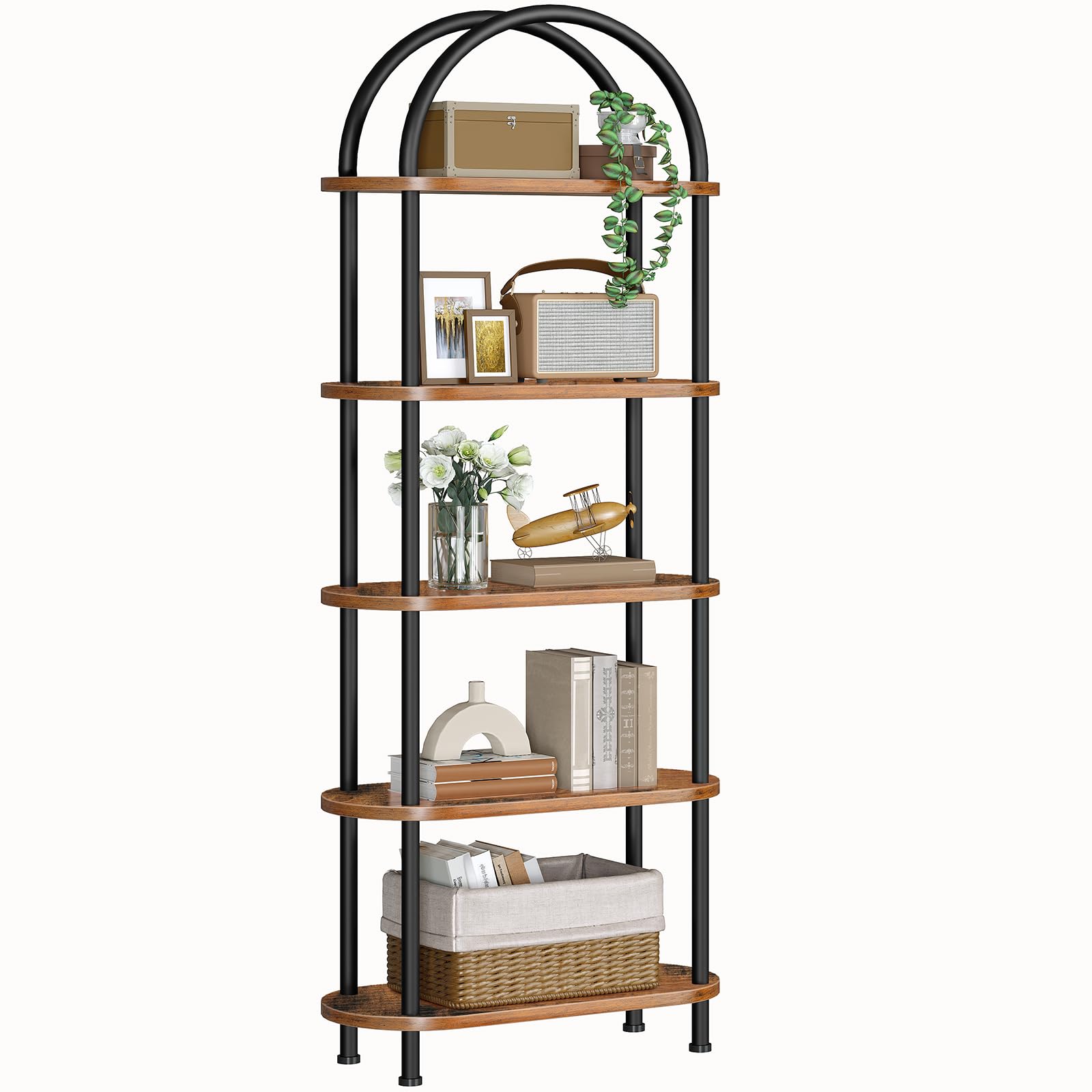 HOOBRO 5-tier open bookshelf with arc top ideal for organized living room display.