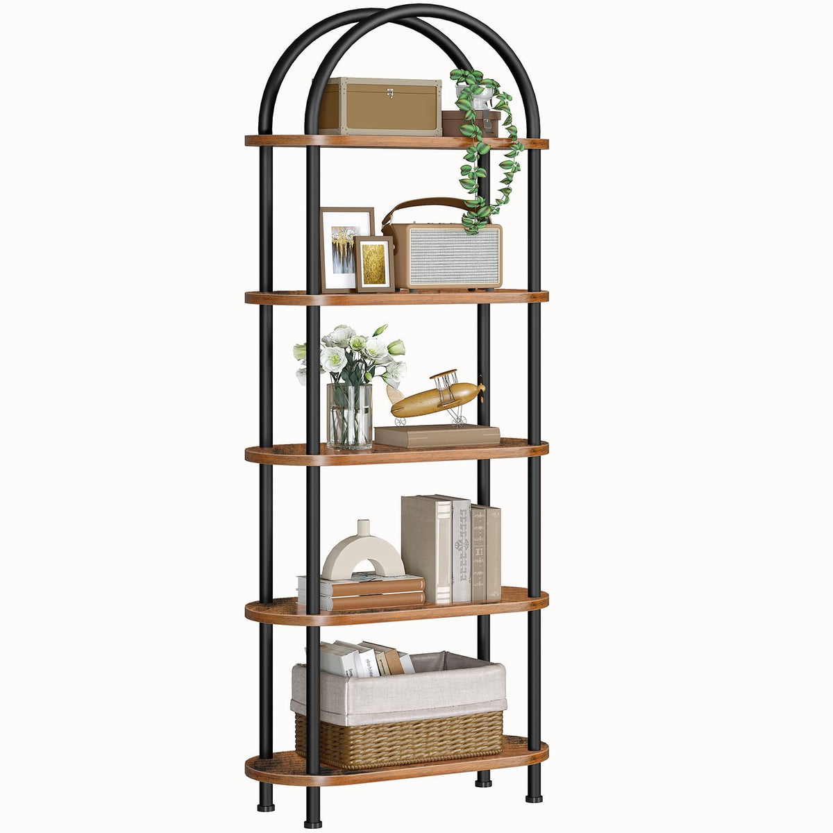 HOOBRO 5-tier open bookshelf with arc top ideal for organized living room display.