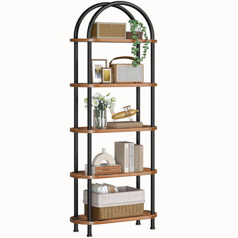HOOBRO 5-tier open bookshelf with arc top ideal for organized living room display.