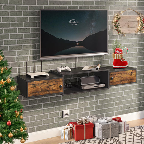 HOOBRO 55-inch floating TV stand with power outlets front view keeps cables organized