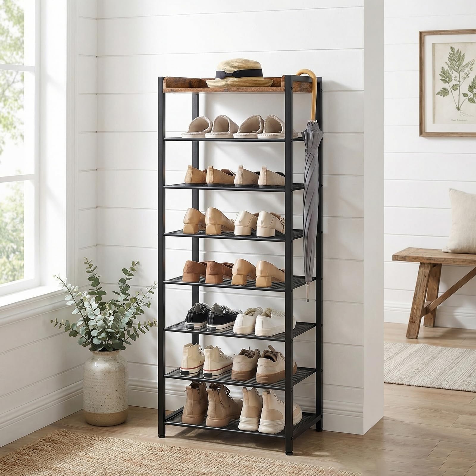 HOOBRO 8-tier shoe rack side view highlighting sturdy metal frame