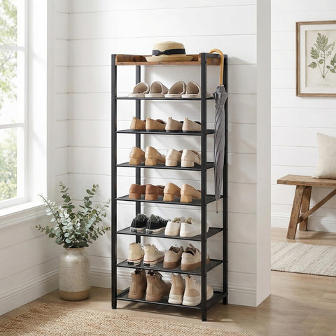 HOOBRO 8-tier shoe rack side view highlighting sturdy metal frame