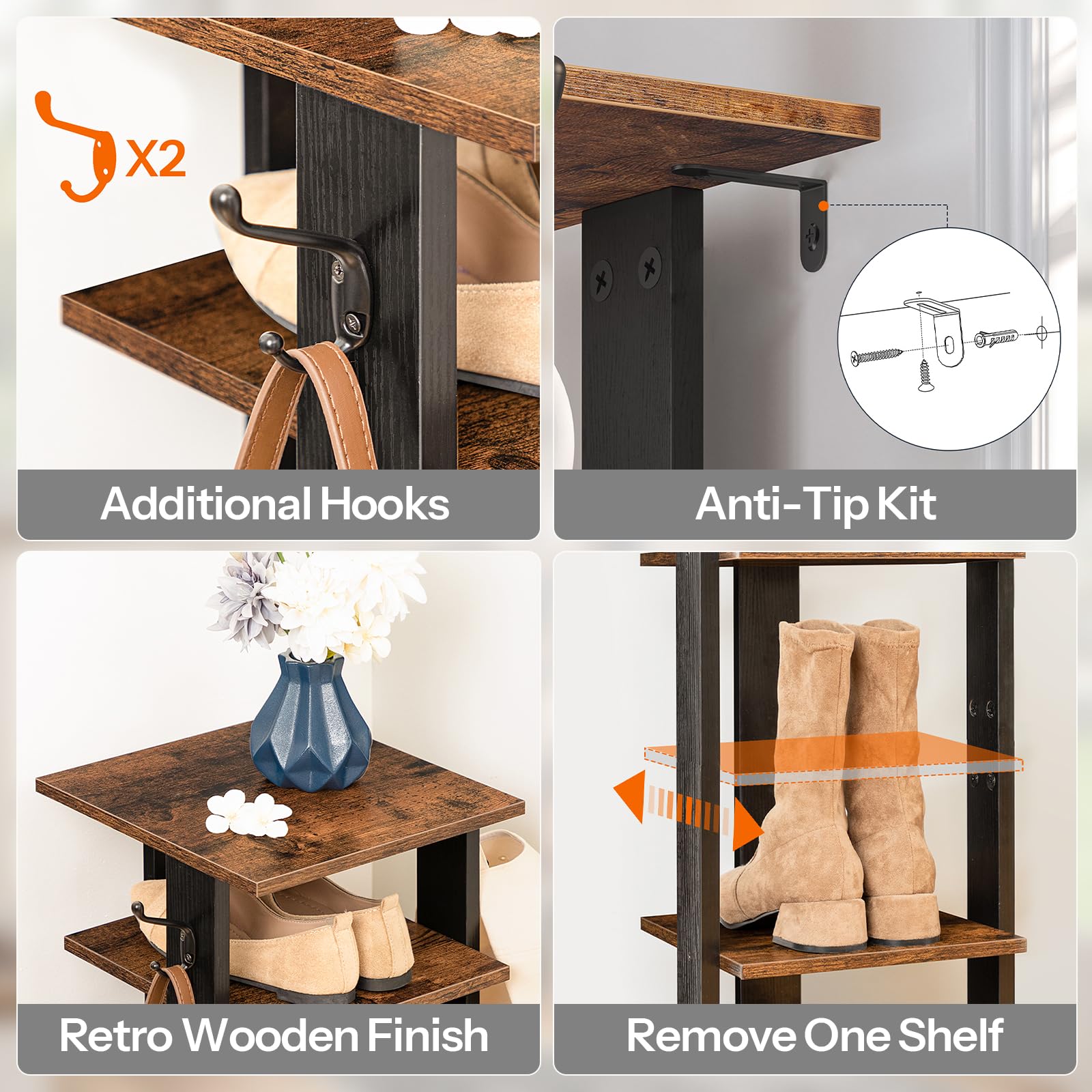 HOOBRO 8-tier rack removable shelves accommodate boots and heels.