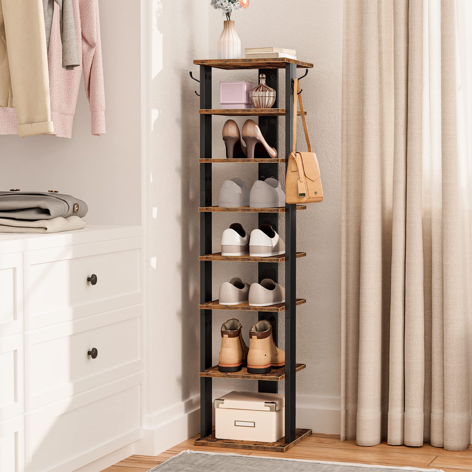 HOOBRO shoe rack side hooks demonstrate versatile storage for umbrellas and small essentials.