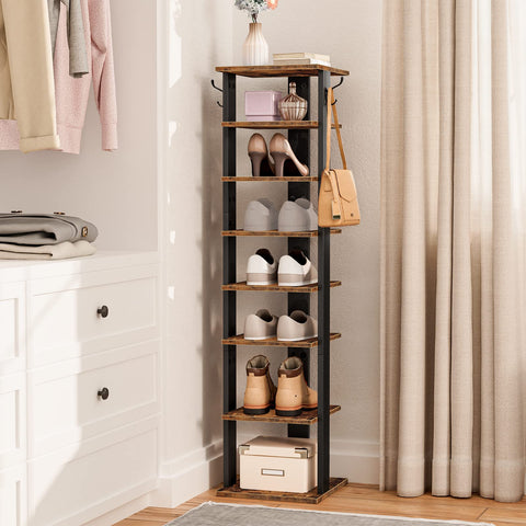 HOOBRO shoe rack side hooks demonstrate versatile storage for umbrellas and small essentials.