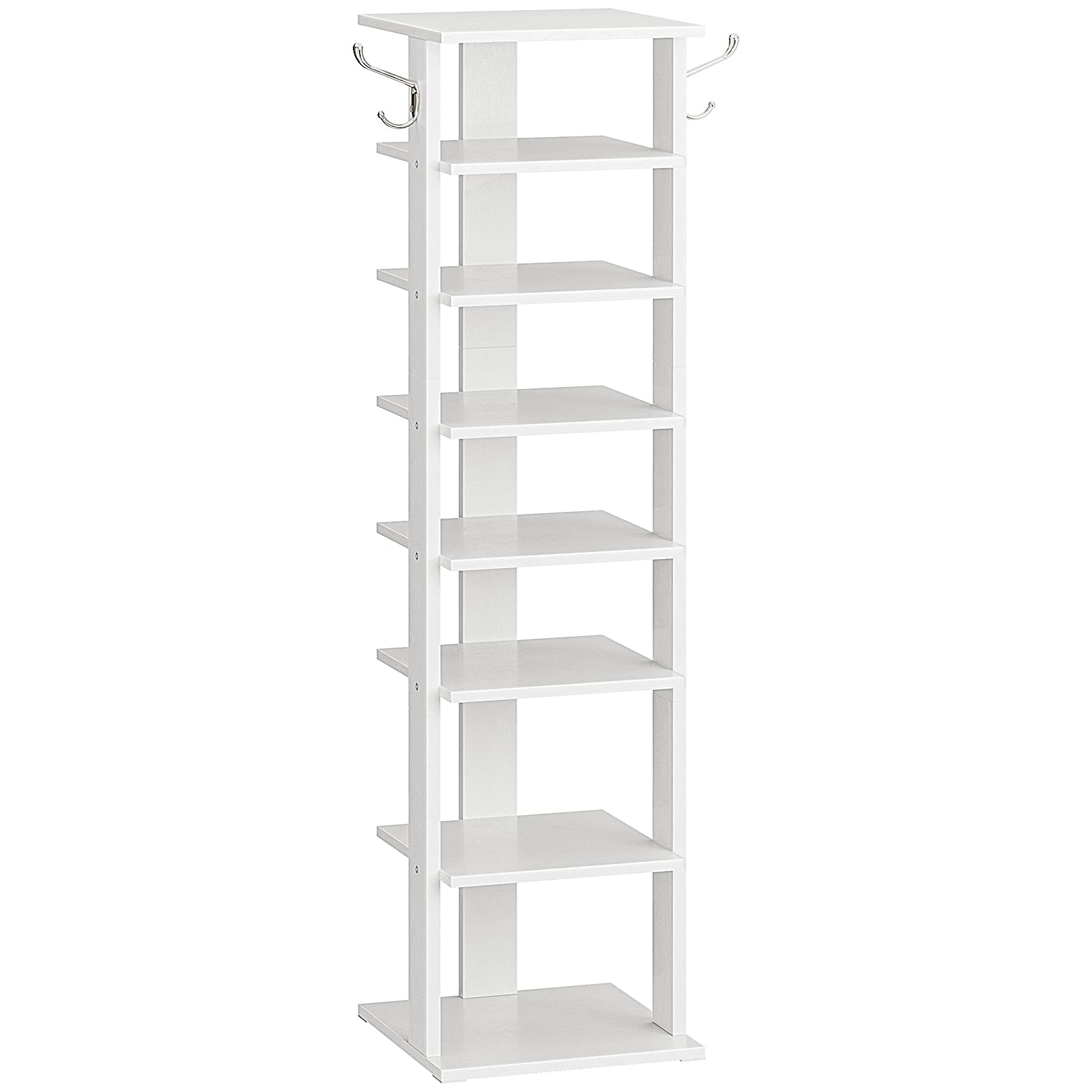 HOOBRO 8-tier vertical shoe rack in white displaying eight pairs for quick entryway access.