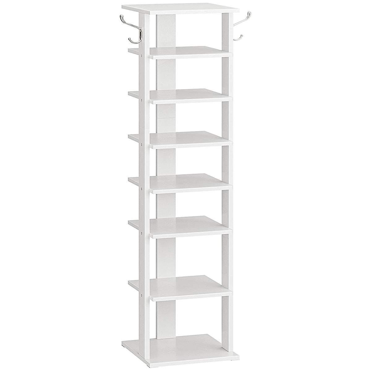 HOOBRO 8-tier vertical shoe rack in white displaying eight pairs for quick entryway access.