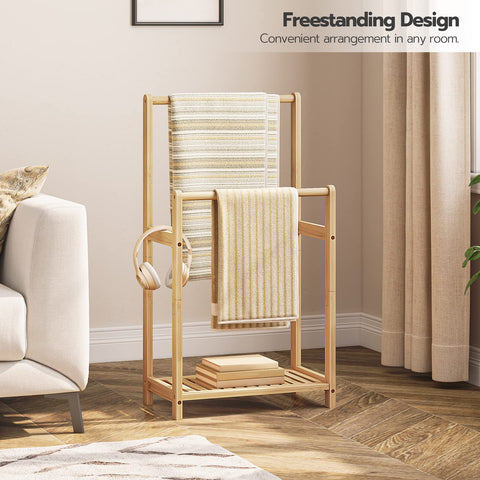 HOOBRO bamboo towel stand offers compact, space-saving storage.