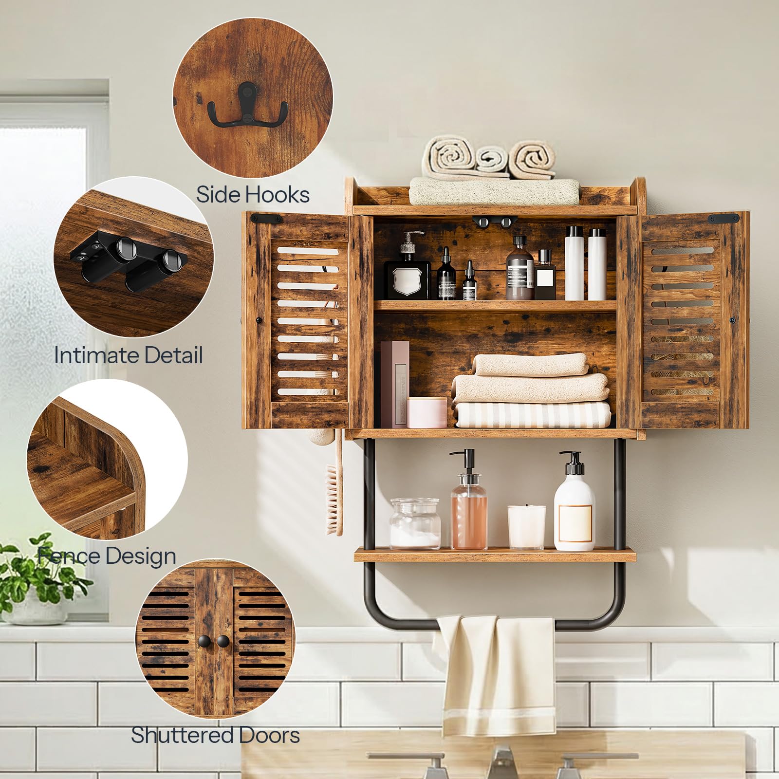 HOOBRO over-toilet cabinet provides concealed storage while saving floor space
