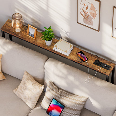 Hoobro behind-couch table with outlets and USB ports for charging devices.