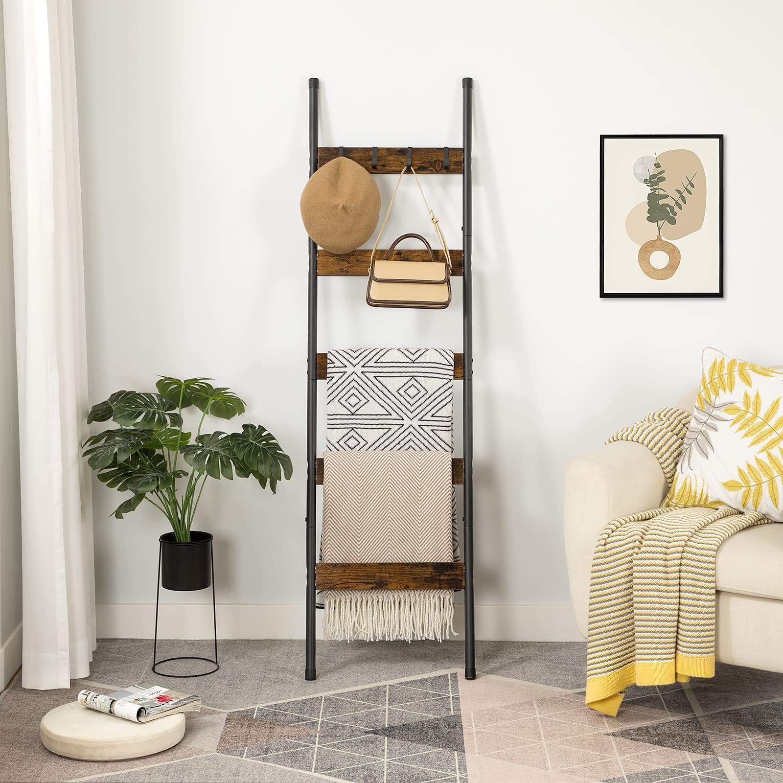 HOOBRO Blanket Ladder with removable hooks keeps coats and scarves within easy reach.