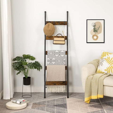 HOOBRO Blanket Ladder with removable hooks keeps coats and scarves within easy reach.