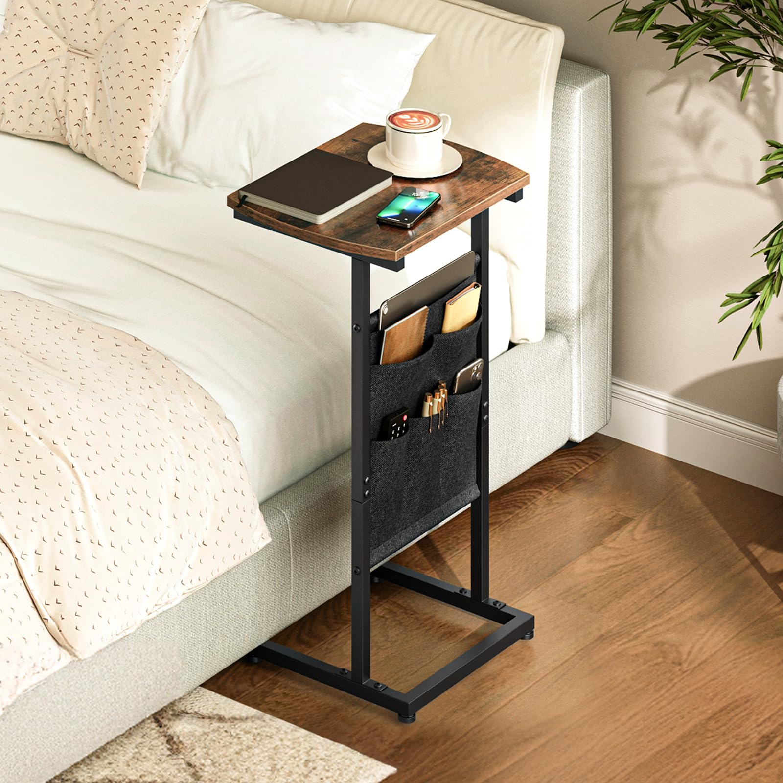 HOOBRO end table with 3-tier storage bag keeps remotes and magazines organized