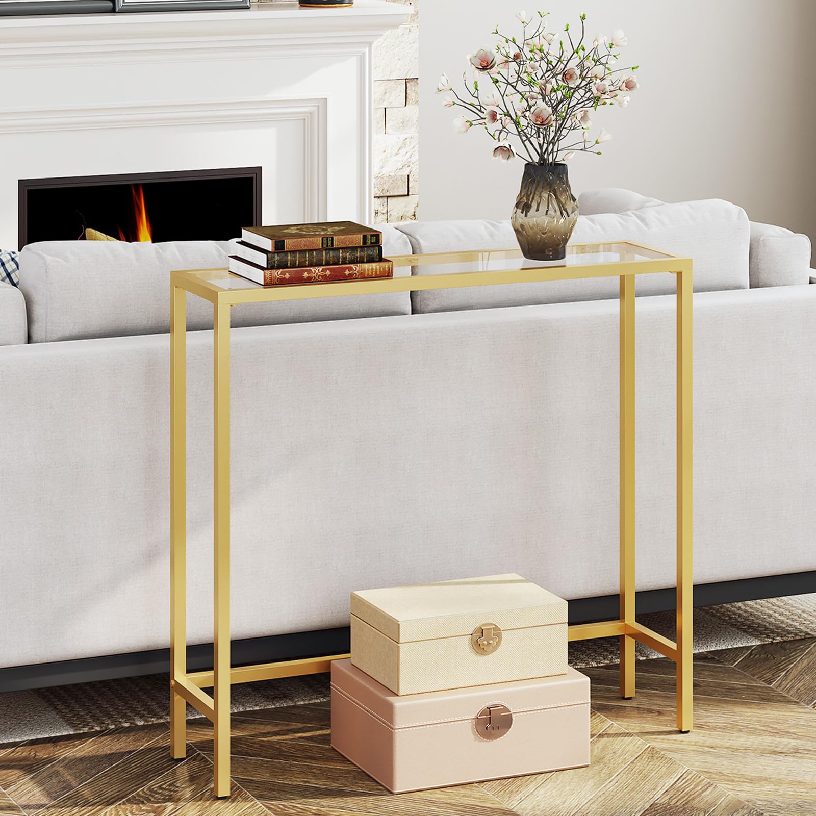 HOOBRO compact side table behind the couch adds convenient surface space.