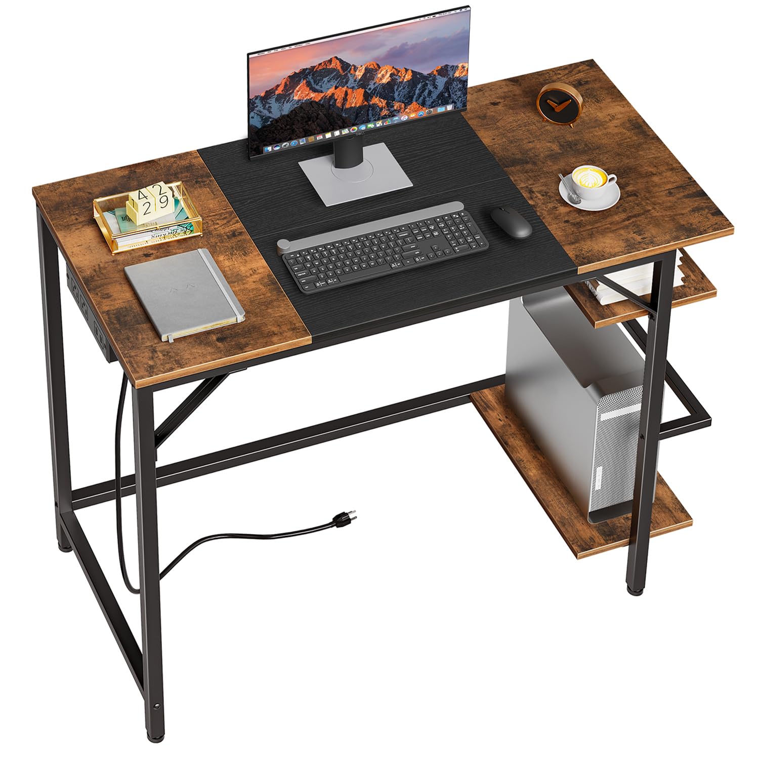 HOOBRO Computer Desk charging station front view with outlets and USB ports for convenient charging