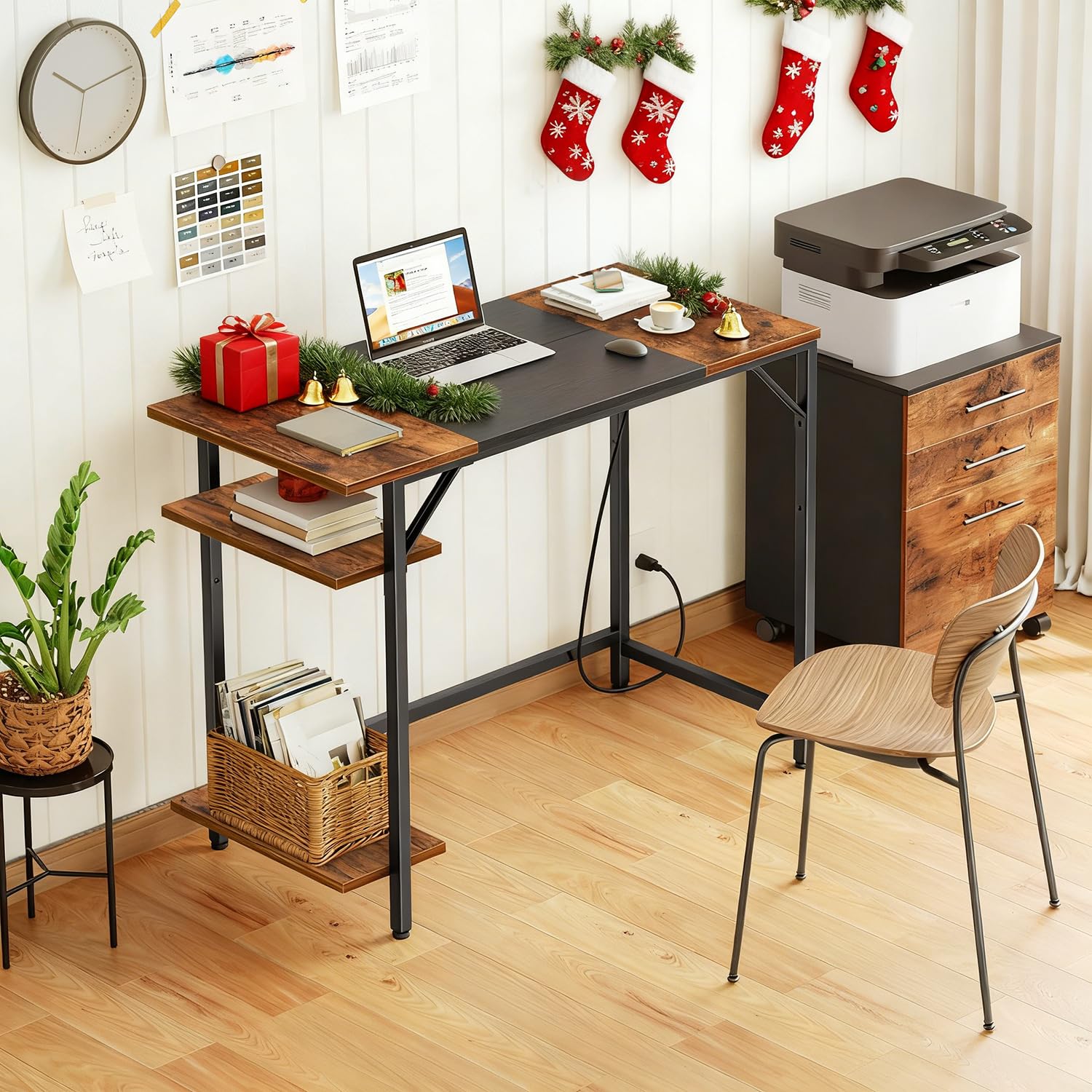 HOOBRO Computer Desk with shelf side view showing organized storage space
