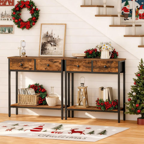 HOOBRO console table with two-tier shelves for books and decor.